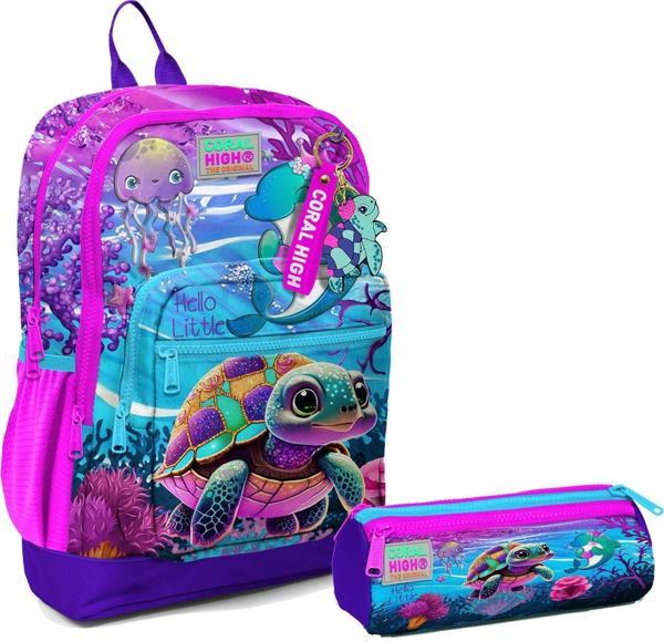 Coral High İlkokul Sırt Çantası ve Kalemlik Seti - Pembe Mor Kaplumbağa - Kız Çocuk - Image 1