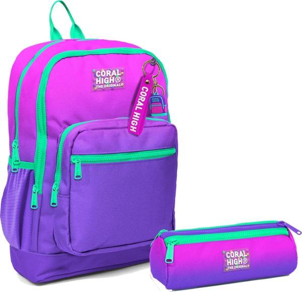 Coral High İlkokul Sırt Çantası ve Kalemlik Seti - Pembe Mor Renk Geçişli - Kız Çocuk - Image 1