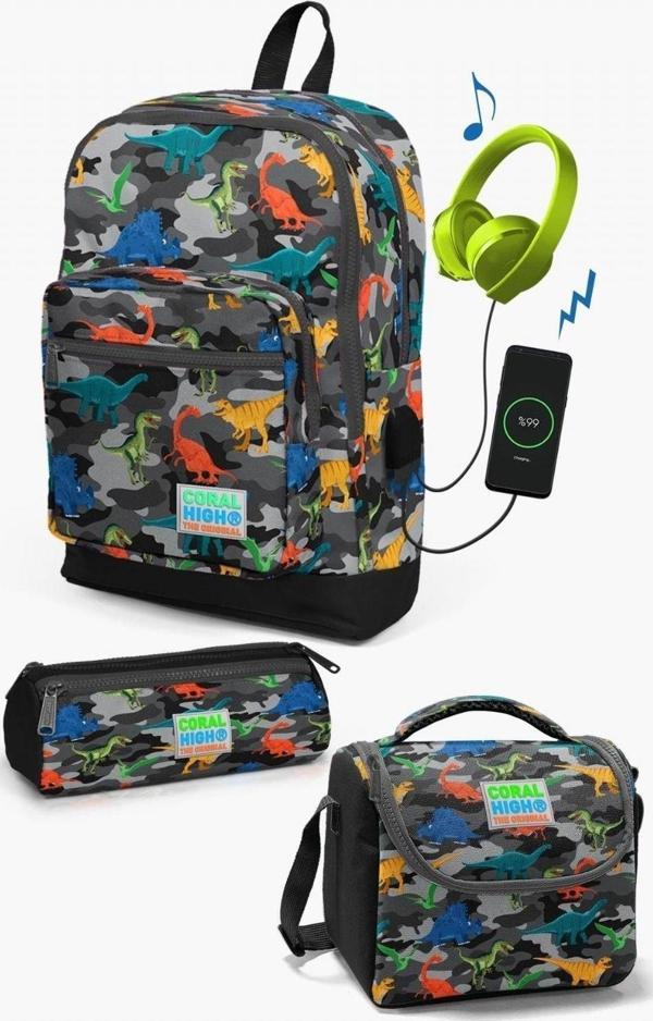 Coral High Kids Koyu Gri Siyah Kamuflaj Dinozor Desenli USB'li 3’lü Okul Çanta Seti - Erkek Çocuk - Image 1