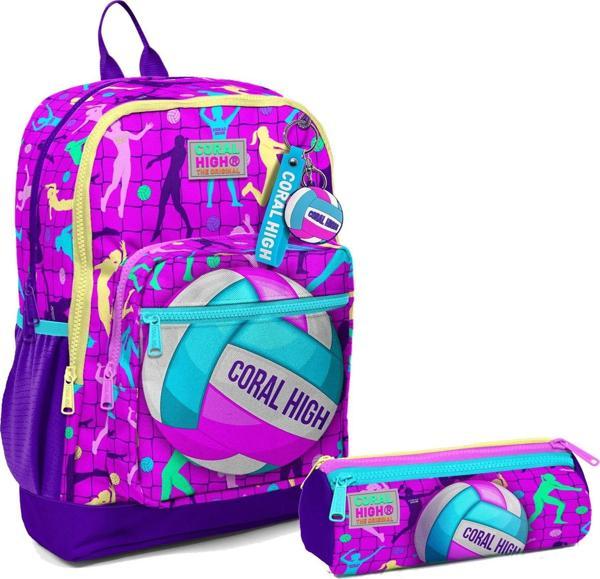 Coral High İlkokul Sırt Çantası ve Kalemlik Seti - Pembe Mor Voleybol - Kız Çocuk - Image 1