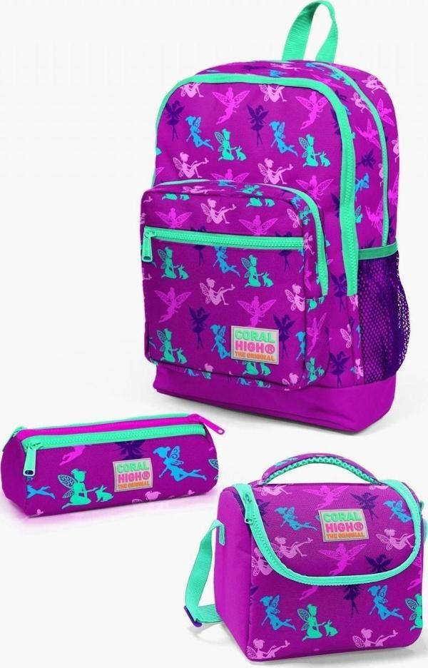 Coral High Kids Koyu Pembe Su Yeşili Peri Desenli 3’lü Okul Çanta Seti - Image 1