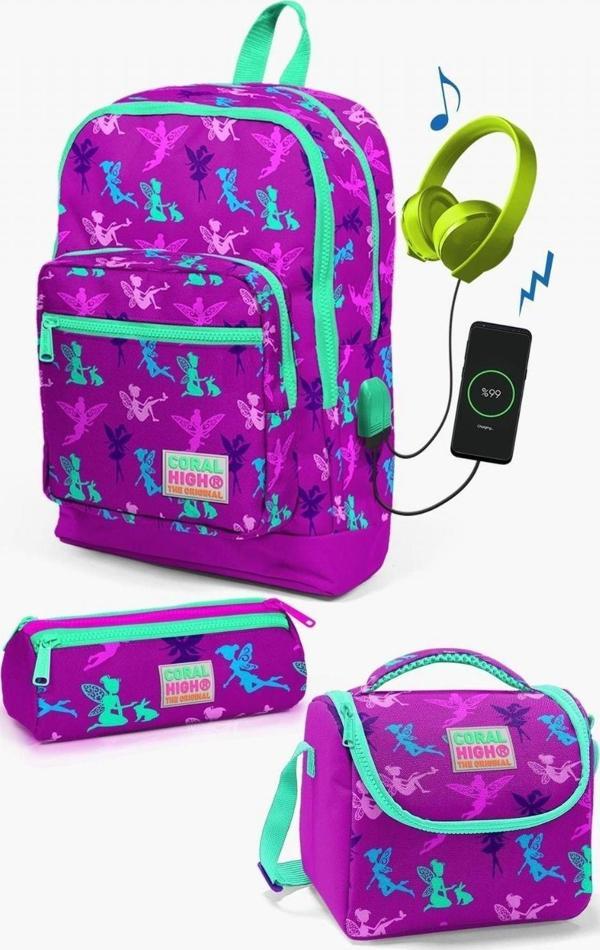 Coral High Kids Koyu Pembe Su Yeşili Peri Desenli USB'li 3’lü Okul Çanta Seti - Kız Çocuk - Image 1