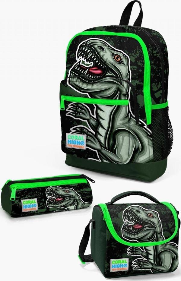 Coral High Kids Koyu Yeşil Siyah Dinazor Desenli 3’lü İlkokul Erkek Çocuk Çanta Seti - Image 1