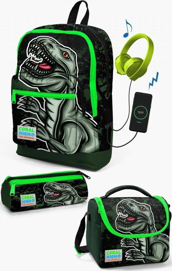 Coral High Kids Koyu Yeşil Siyah Dinazor Desenli USB'li 3’lü Okul Çanta Seti - Erkek Çocuk - Image 1