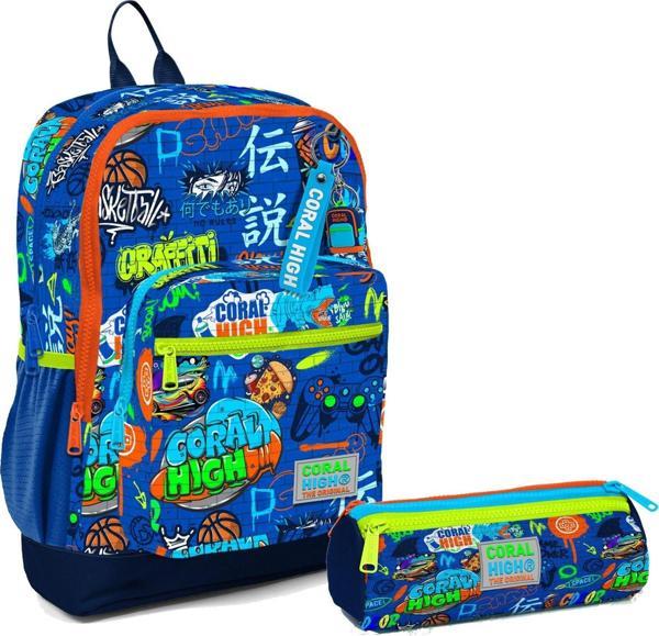 Coral High İlkokul Sırt Çantası ve Kalemlik Seti - Saks Grafiti - Erkek Çocuk - Image 1