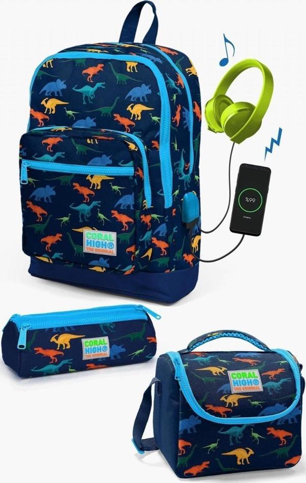 Coral High Kids Lacivert Dinazor Desenli USB'li 3’lü Okul Çanta Seti - Erkek Çocuk - Image 1
