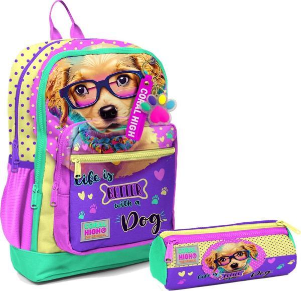 Coral High İlkokul Sırt Çantası ve Kalemlik Seti - Sarı Pembe Sevimli Köpek - Kız Çocuk - Image 1