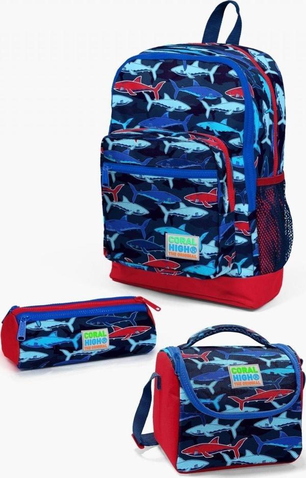 Coral High Kids Lacivert Kırmızı Köpek Balığı Desenli 3’lü Okul Çanta Seti - Erkek Çocuk - Image 1