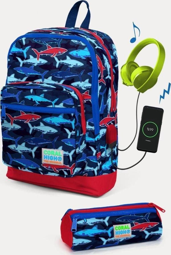 Coral High Kids Lacivert Kırmızı Köpek Balığı Desenli USB'li 2'li Okul Çanta Seti - Erkek Çocuk - Image 1
