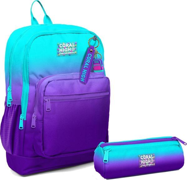 Coral High İlkokul Sırt Çantası ve Kalemlik Seti - Turkuaz Mor Renk Geçişli - Erkek Çocuk - Image 1