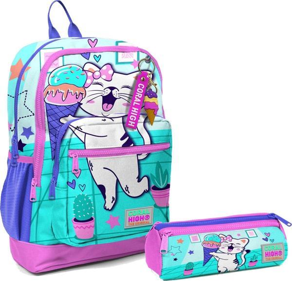 Coral High İlkokul Sırt Çantası ve Kalemlik Seti - Turkuaz Pembe Dondurmalı Kedi - Kız Çocuk - Image 1