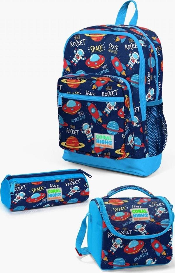 Coral High Kids Lacivert Mavi Uzay Desenli 3’lü Okul Çanta Seti - Erkek Çocuk - Image 1