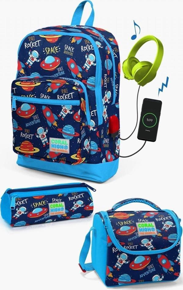 Coral High Kids Lacivert Mavi Uzay Desenli USB'li 3’lü Okul Çanta Seti - Erkek Çocuk - Image 1