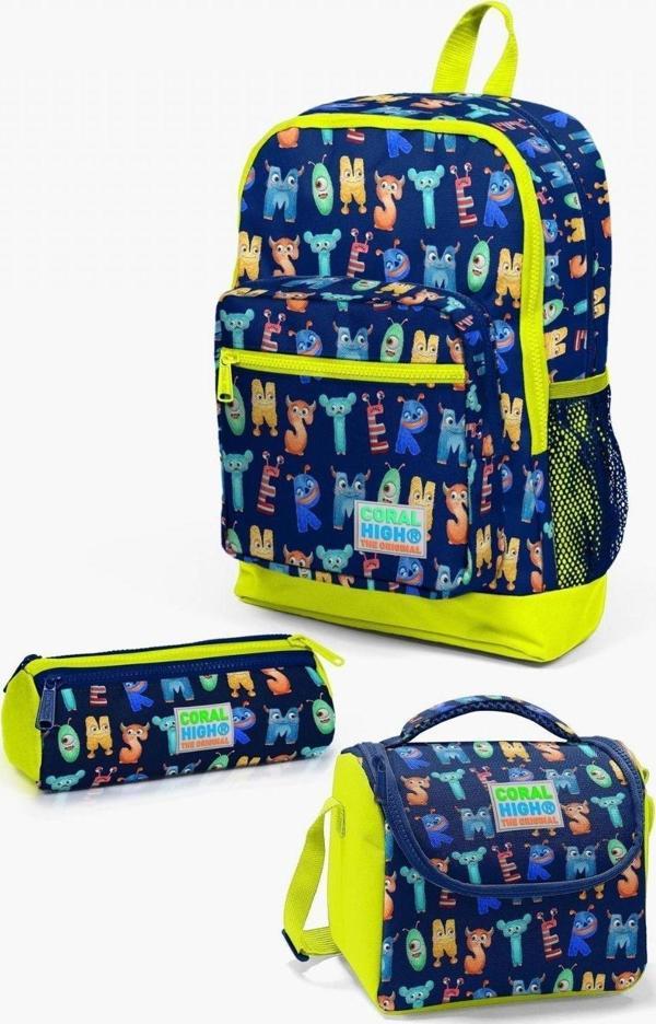 Coral High Kids Lacivert Neon Sarı Monster Desenli 3’lü Okul Çanta Seti - Kız ve Erkek Çocuk - Image 1