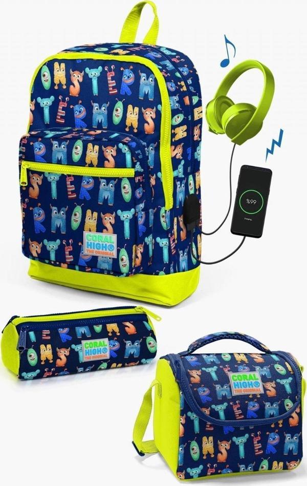 Coral High Kids Lacivert Neon Sarı Monster Desenli USB'li 3’lü Okul Çanta Seti - Erkek Çocuk - Image 1
