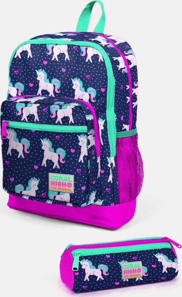 Coral High Kids Lacivert Pembe Unicorn Desenli 2'li Okul Çanta Seti - Kız Çocuk - Image 1