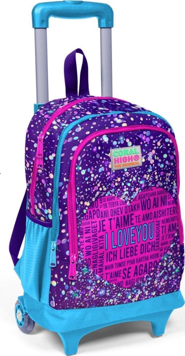 Coral High Işıklı Tekerlekli I Love You Çekçek Okul ve Seyahat Çantası Kız Çocuk Mor Mavi Pembe - Image 1