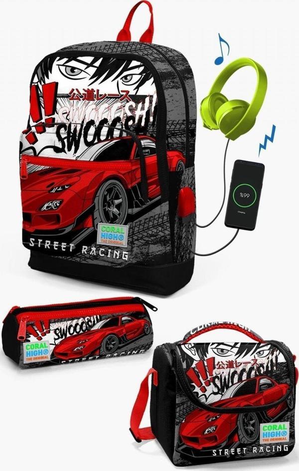 Coral High Kids Siyah Kırmızı Anime Araba Desenli USB'li 3’lü Okul Çanta Seti - Erkek Çocuk - Image 1