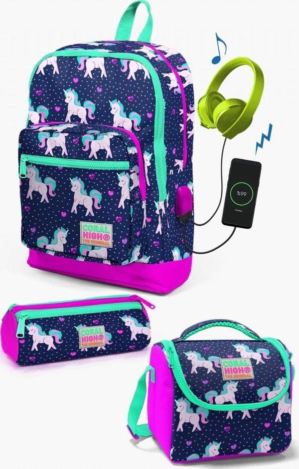 Coral High Kids Lacivert Pembe Unicorn Desenli USB'li 3’lü Okul Çanta Seti - Kız Çocuk - Image 1