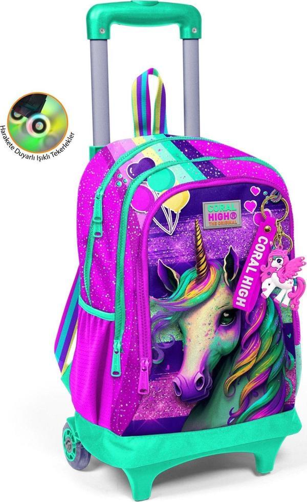 Coral High Işıklı Tekerlekli Pembe Su Yeşili Unicorn Çekçek Okul Çantası - Kız Çocuk - Image 1