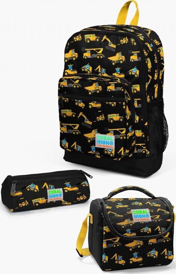 Coral High Kids Siyah Sarı İş Makinesi Desenli 3’lü Okul Çanta Seti - Erkek Çocuk - Image 1