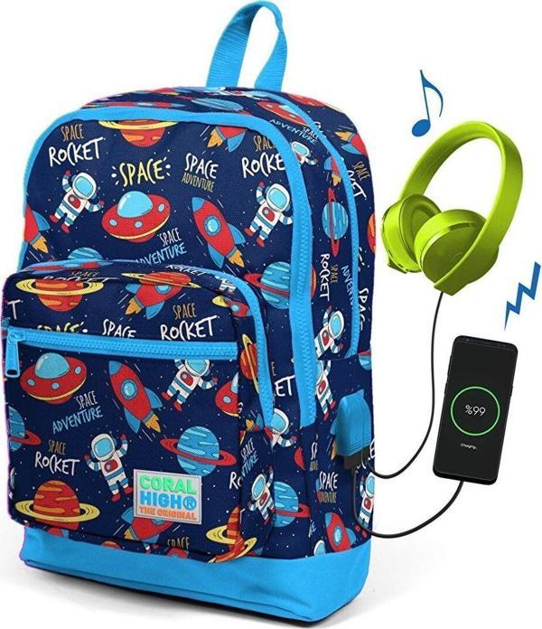 Coral High Kids Lacivert Uzay Desenli Usb Şarjlı Kulaklık Çıkışlı Okul Sırt Çantası 23280 - Image 1