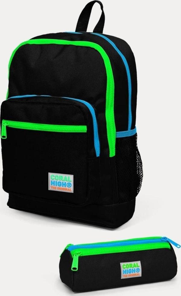 Coral High Kids Siyah Yeşil 2'li Okul Çanta Seti - Erkek Çocuk - Image 1