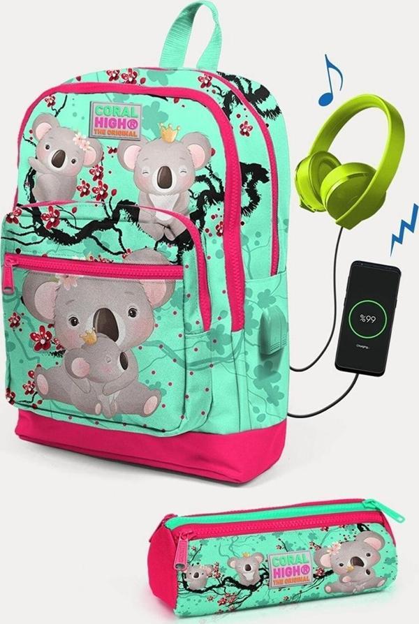 Coral High Kids Su Yeşili Neon Mercan Koala Desenli USB'li 2'li Okul Çanta Seti - Kız Çocuk - Image 1