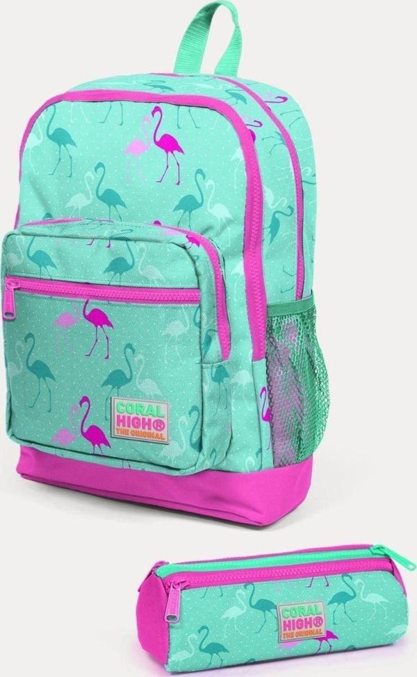Coral High Kids Su Yeşili Neon Pembe Flamingo Desenli 2'li Okul Çanta Seti - Kız Çocuk - Image 1