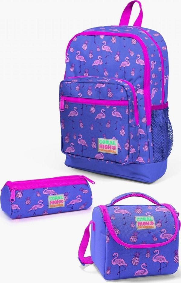 Coral High Kids Lavanta Pembe Flamingo Desenli 3’lü Okul Çanta Seti - Image 1