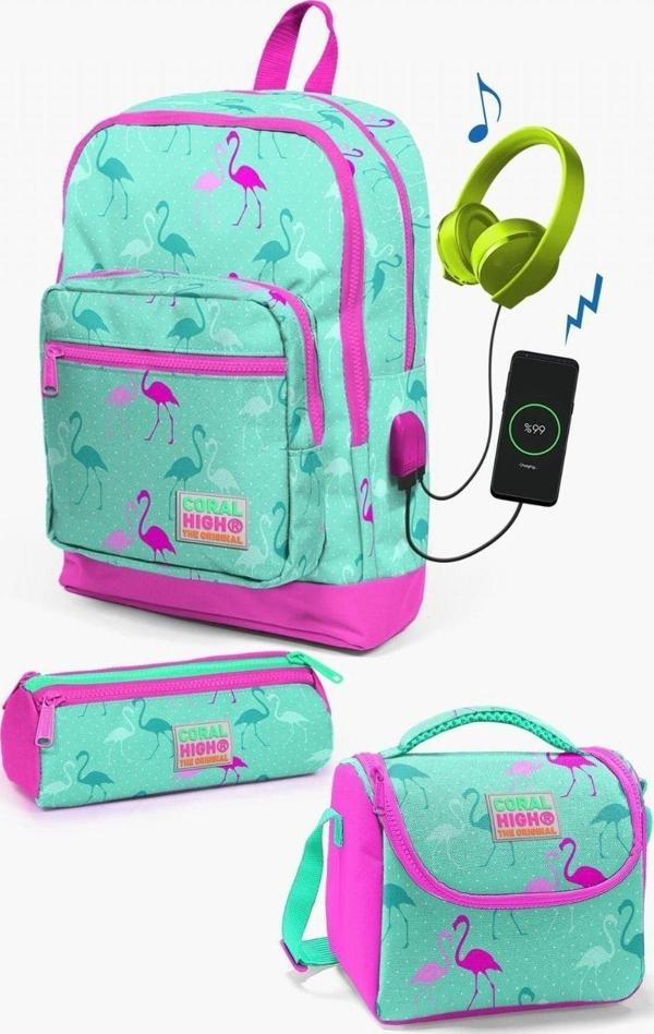 Coral High Kids Su Yeşili Neon Pembe Flamingo Desenli USB'li 3’lü Okul Çanta Seti - Kız Çocuk - Image 1
