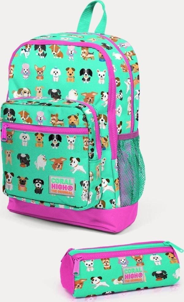 Coral High Kids Su Yeşili Neon Pembe Köpek Desenli 2'li Okul Çanta Seti - Kız Çocuk - Image 1