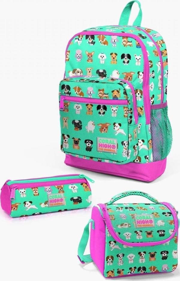 Coral High Kids Su Yeşili Neon Pembe Köpek Desenli 3’lü Okul Çanta Seti - Image 1