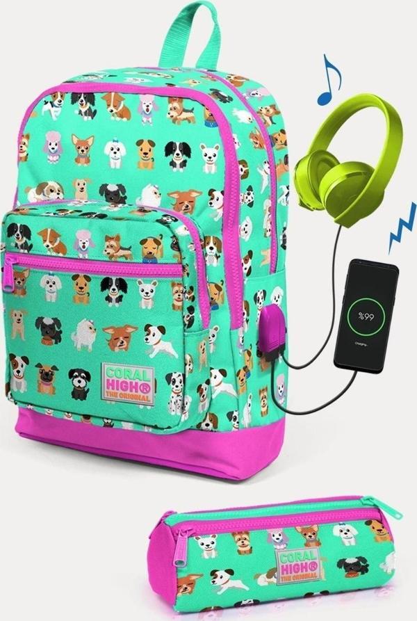 Coral High Kids Su Yeşili Neon Pembe Köpek Desenli USB'li 2'li Okul Çanta Seti - Kız Çocuk - Image 1