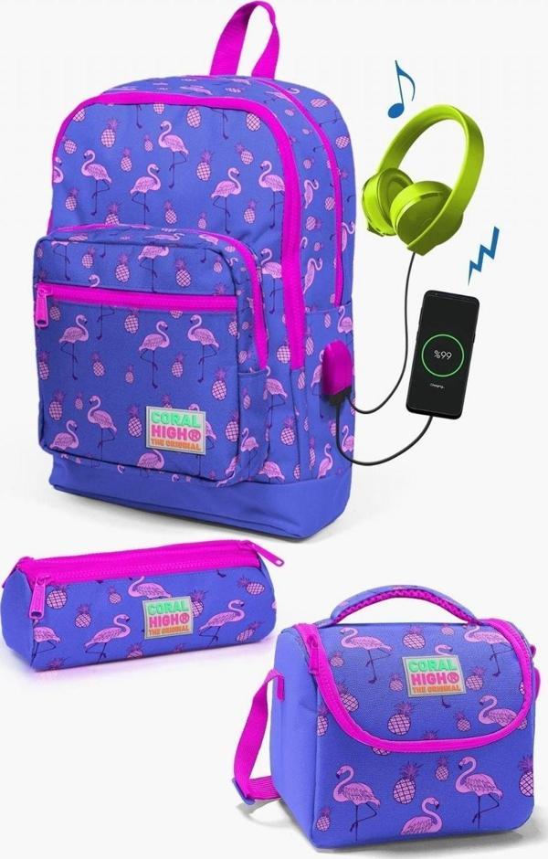 Coral High Kids Lavanta Pembe Flamingo Desenli USB'li 3’lü Okul Çanta Seti - Kız Çocuk - Image 1