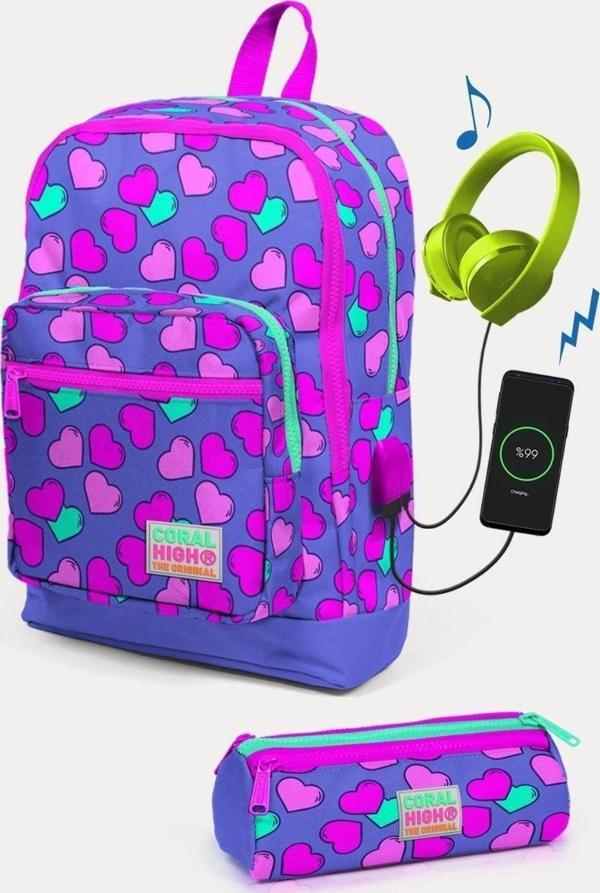 Coral High Kids Lavanta Pembe Kalp Desenli USB'li 2'li Okul Çanta Seti - Kız Çocuk - Image 1