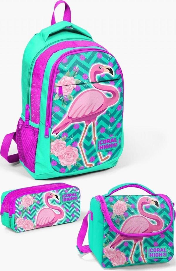 Coral High Kids Su Yeşili Pembe Simli Flamingo Desenli 3’lü Okul Çanta Seti - Kız Çocuk İlkokul - Image 1