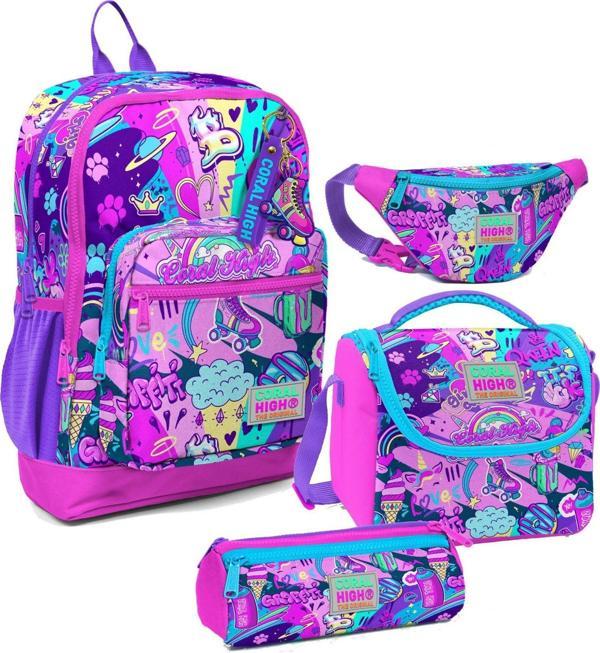 Coral High Kız Çocuk Grafiti Desenli İlkokul Okul Çanta Seti ve Bel Çantası - Image 1