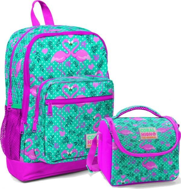 Coral High Kız Çocuk İlkokul Okul Çantası ve Beslenme Seti - Yeşil Flamingo - Image 1