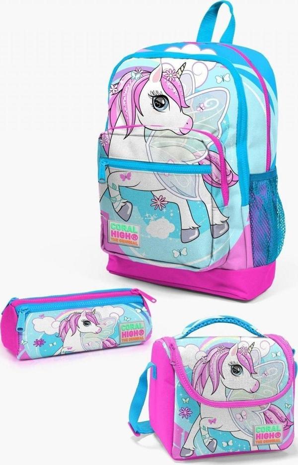 Coral High Kids Mavi Neon Pembe Unicorn Desenli 3’lü Okul Çanta Seti - Kız Çocuk - Image 1