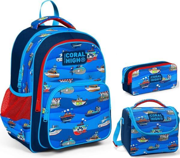 Coral High Lacivert Mavi Gemiler Erkek Çocuk Üçlü İlkokul Okul Çanta Seti - Image 1