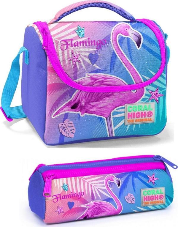 Coral High Kız Çocuk Mavi Pembe Flamingo Beslenme Çantası Seti - Image 1