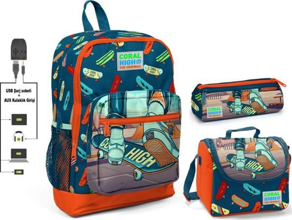 Coral High Kaykay Baskılı Erkek Çocuk İlkokul Çanta Seti - USB Çıkışlı - Image 1
