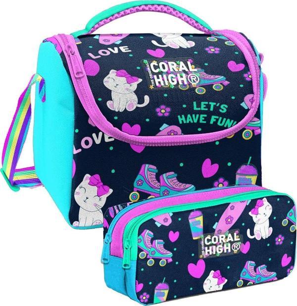 Coral High Lacivert Pembe Kedili Desenli Kız Çocuk Isı Yalıtımlı Beslenme Çantası ve Kalemlik Seti - Image 1