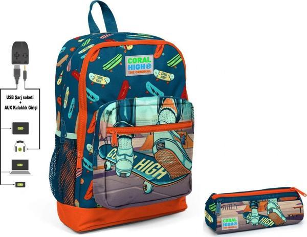 Coral High Kaykay Baskılı İlkokul Sırt Çantası ve Kalemlik Seti - Erkek Çocuk - USB Soketli - Image 1