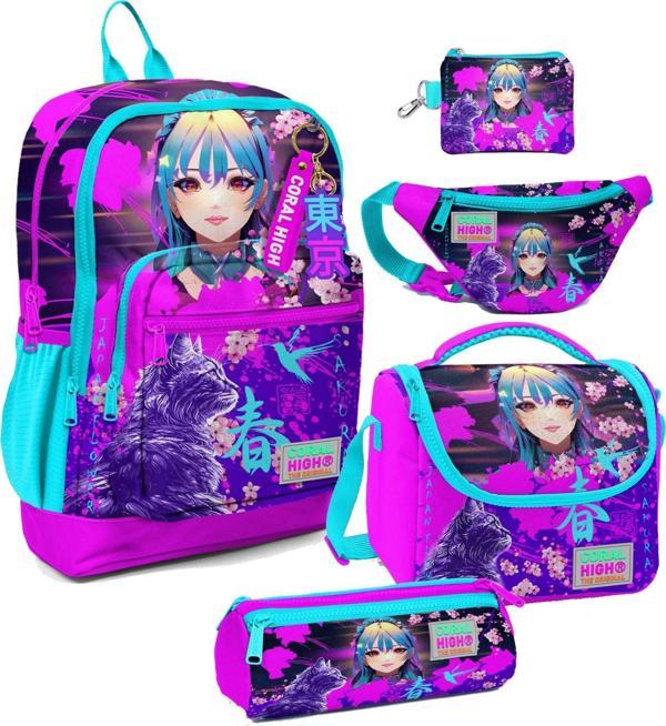 Coral High Kız Çocuk Mor Pembe Anime Kedi Desenli Beşli İlkokul Okul Çanta Seti - Image 1