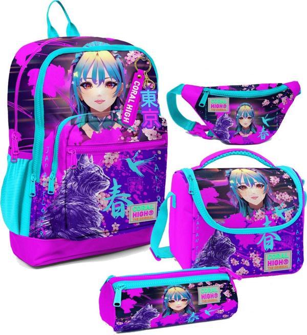 Coral High Kız Çocuk Mor Pembe Anime Kedi Desenli İlkokul Okul Çanta Seti ve Bel Çantası - Image 1