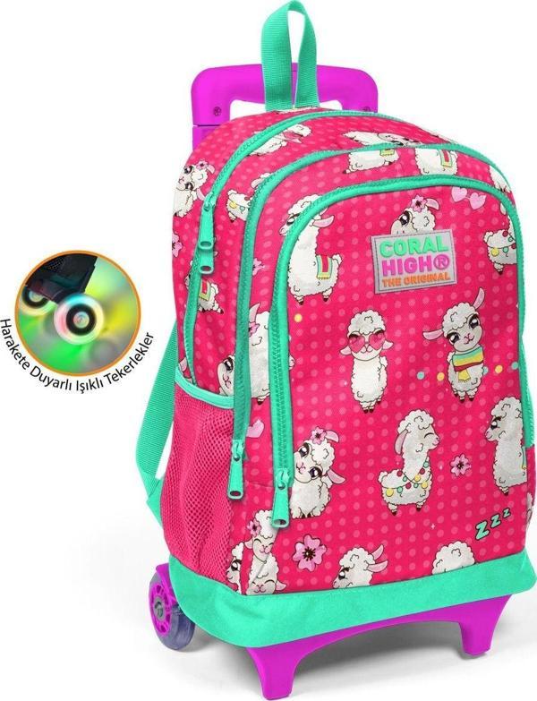 Coral High Lama Baskılı Çekçek Okul Çantası - Işıklı Tekerlekler - Image 1