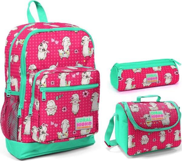 Coral High Lama Baskılı Kız Çocuk 3'lü İlkokul Çanta Seti - Image 1