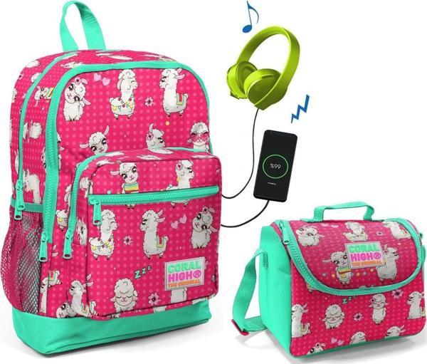 Coral High Lama Baskılı Okul Çantası ve Beslenme Çantası Seti - Kız Çocuk - USB Soketli - Image 1